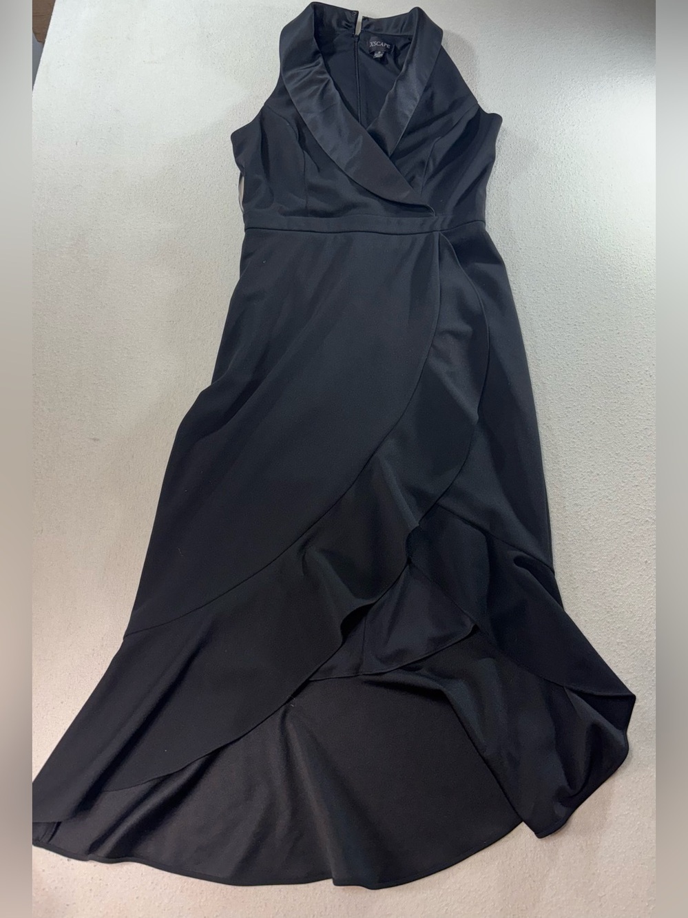 XSCAPE Black Cocktail Dress Size 8 Satin Shawl Collar Ruffle Hem Midi Formal - Picture 7 of 7